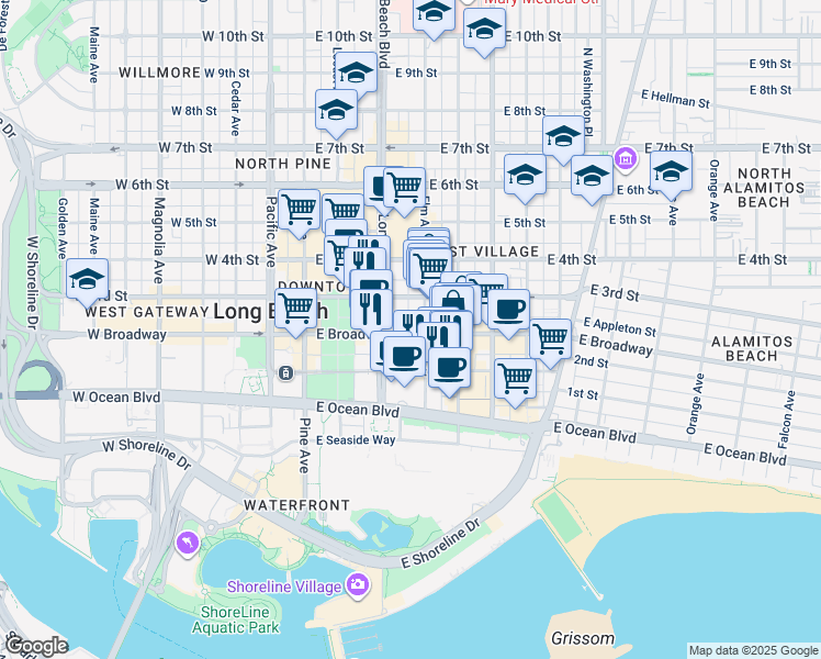 map of restaurants, bars, coffee shops, grocery stores, and more near 351 East Broadway in Long Beach