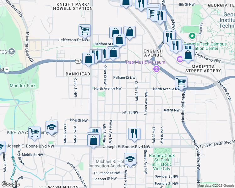 map of restaurants, bars, coffee shops, grocery stores, and more near 538 English Avenue Northwest in Atlanta