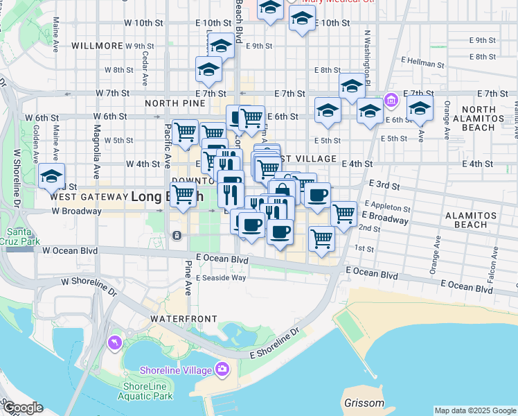 map of restaurants, bars, coffee shops, grocery stores, and more near 252 Elm Avenue in Long Beach
