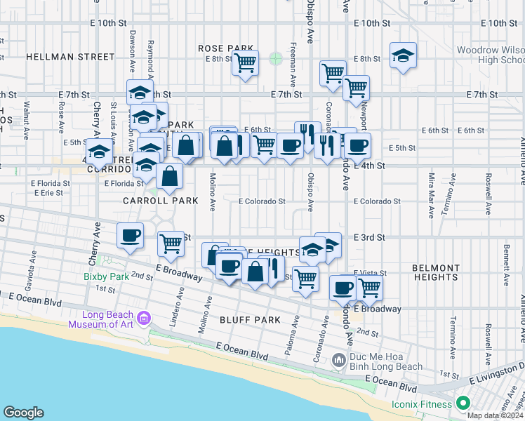 map of restaurants, bars, coffee shops, grocery stores, and more near 334 Gladys Avenue in Long Beach