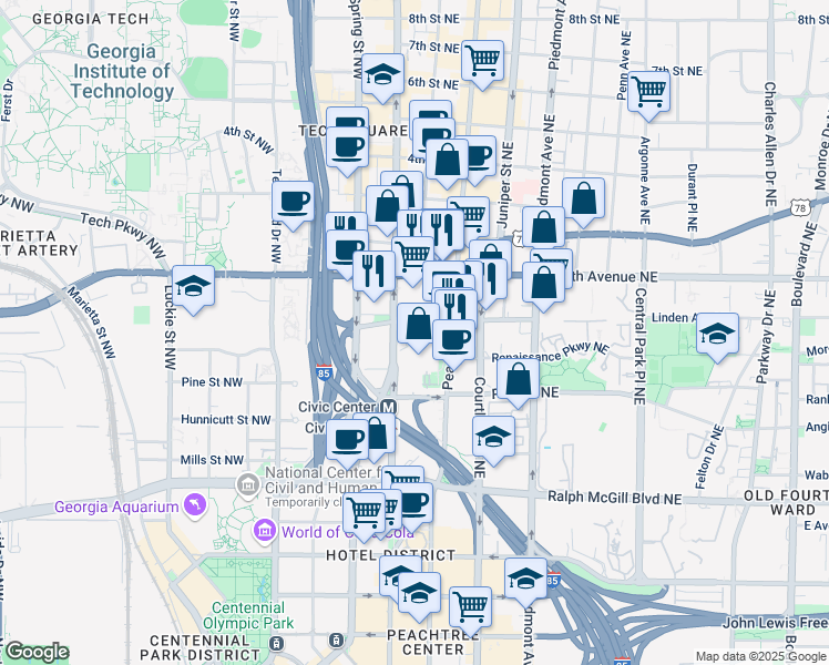 map of restaurants, bars, coffee shops, grocery stores, and more near 550 Peachtree Street Northeast in Atlanta