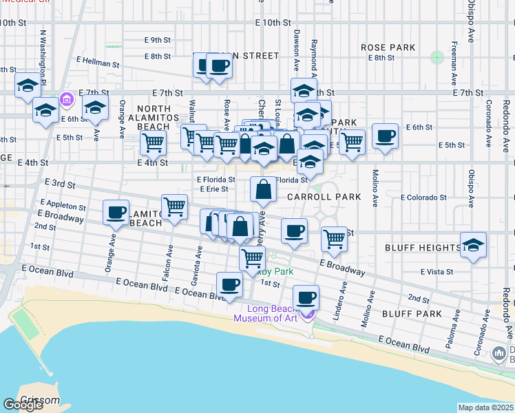 map of restaurants, bars, coffee shops, grocery stores, and more near 307 Cherry Avenue in Long Beach