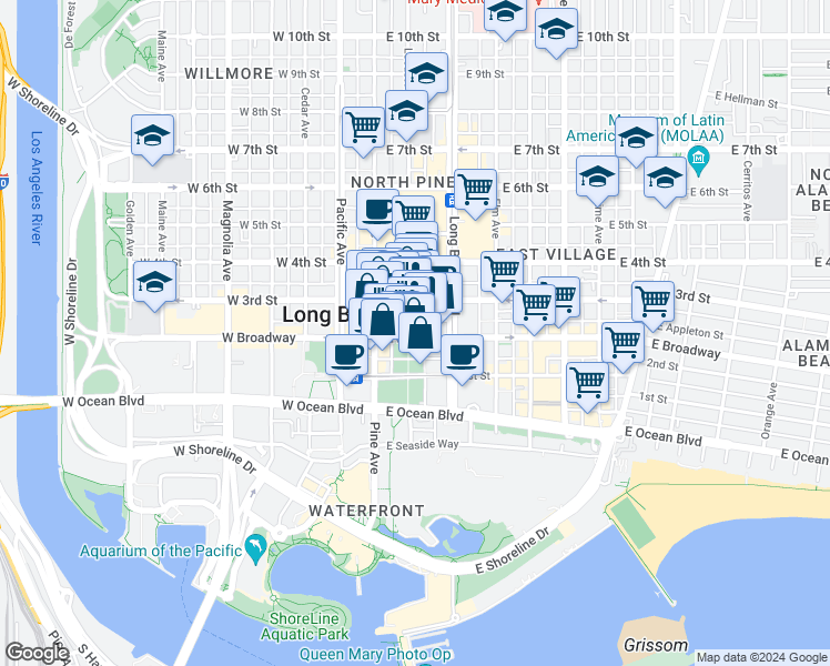 map of restaurants, bars, coffee shops, grocery stores, and more near 207 East Broadway in Long Beach