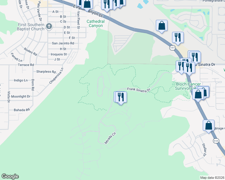 map of restaurants, bars, coffee shops, grocery stores, and more near 16 Santa Rosa Mountain Lane in Rancho Mirage