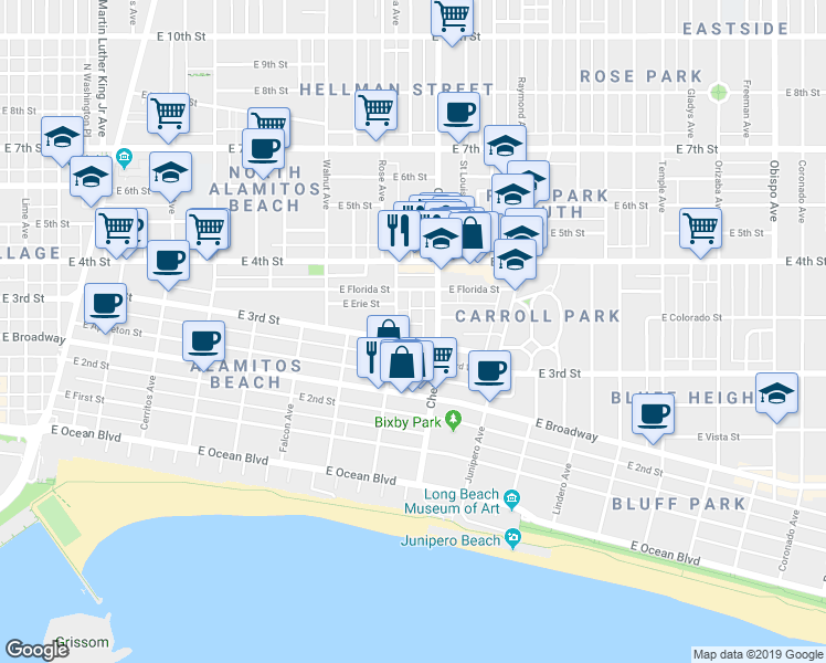 map of restaurants, bars, coffee shops, grocery stores, and more near 1825 East 3rd Street in Long Beach