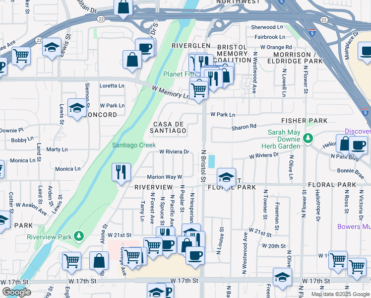 map of restaurants, bars, coffee shops, grocery stores, and more near 1415 West Riviera Drive in Santa Ana