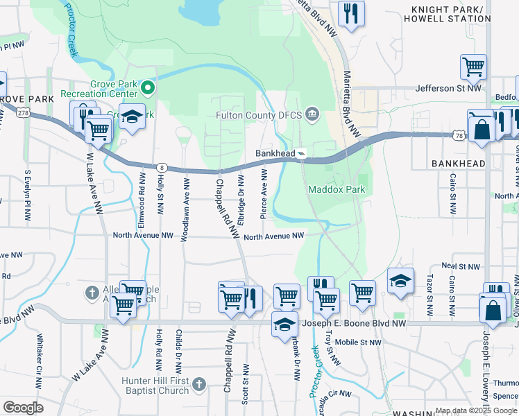 map of restaurants, bars, coffee shops, grocery stores, and more near 522 Pierce Avenue Northwest in Atlanta