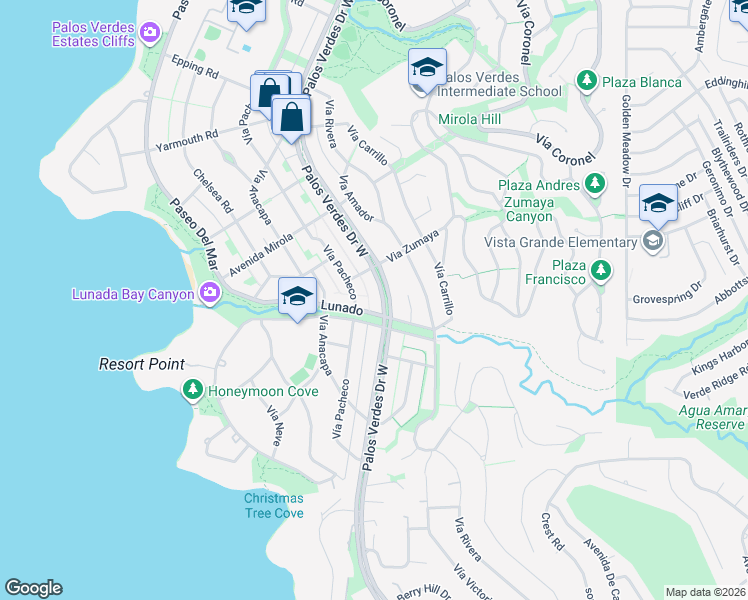 map of restaurants, bars, coffee shops, grocery stores, and more near 2641 Palos Verdes Drive West in Palos Verdes Estates