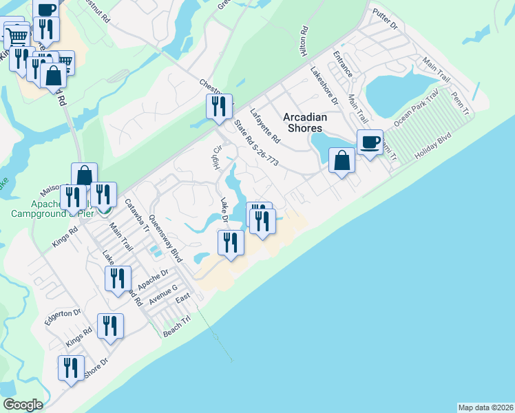 map of restaurants, bars, coffee shops, grocery stores, and more near 800 Canterbury Court in Myrtle Beach