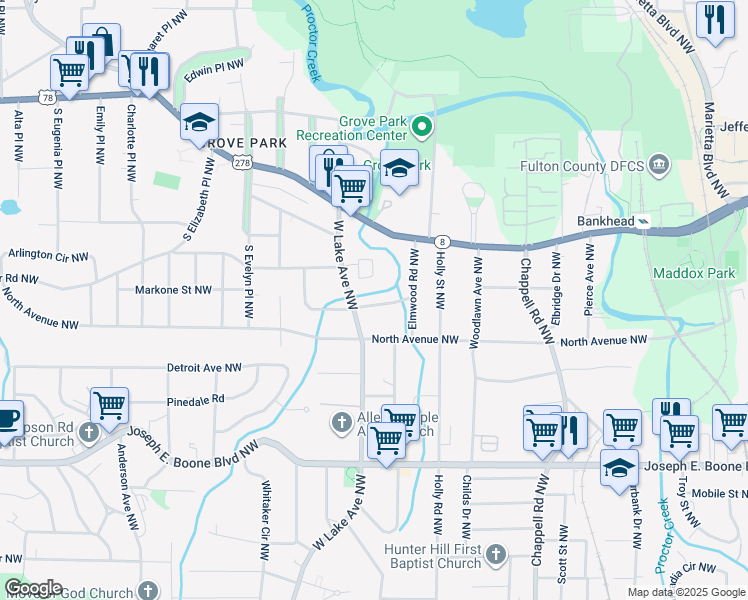 map of restaurants, bars, coffee shops, grocery stores, and more near 1621 Hasty Place Northwest in Atlanta