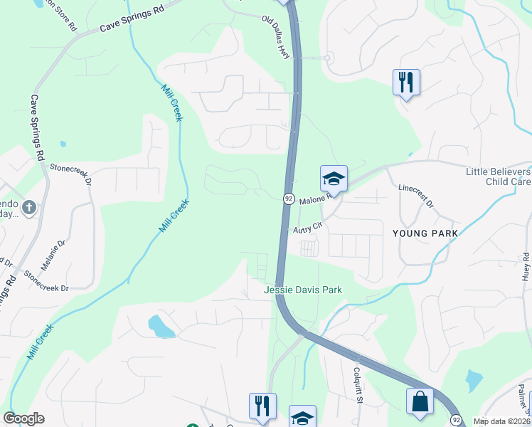 map of restaurants, bars, coffee shops, grocery stores, and more near 7755 Dallas Highway in Douglasville