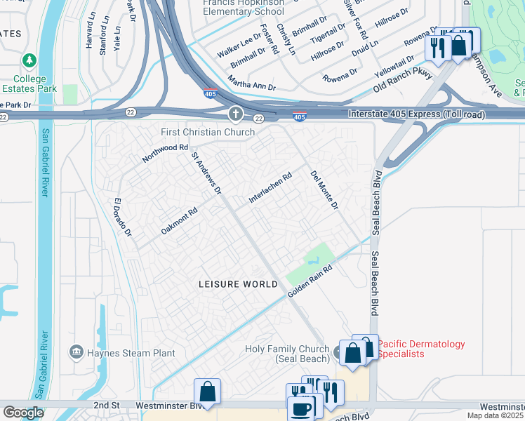 map of restaurants, bars, coffee shops, grocery stores, and more near 1620 Glenview Road in Seal Beach