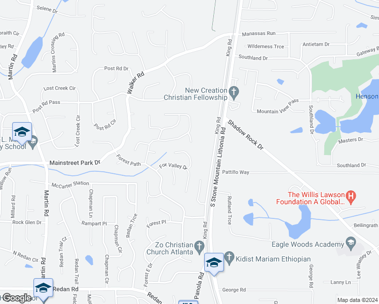 map of restaurants, bars, coffee shops, grocery stores, and more near 5456 Fox Haven Trail in Stone Mountain