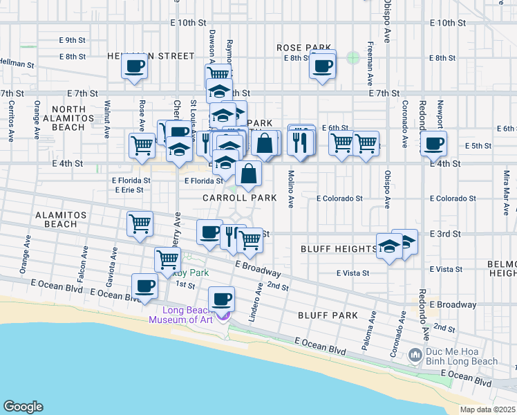 map of restaurants, bars, coffee shops, grocery stores, and more near 340 Carroll Park East in Long Beach