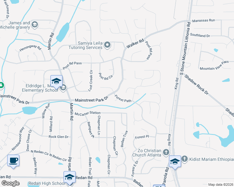 map of restaurants, bars, coffee shops, grocery stores, and more near 5290 Mainstreet Park Drive in Stone Mountain