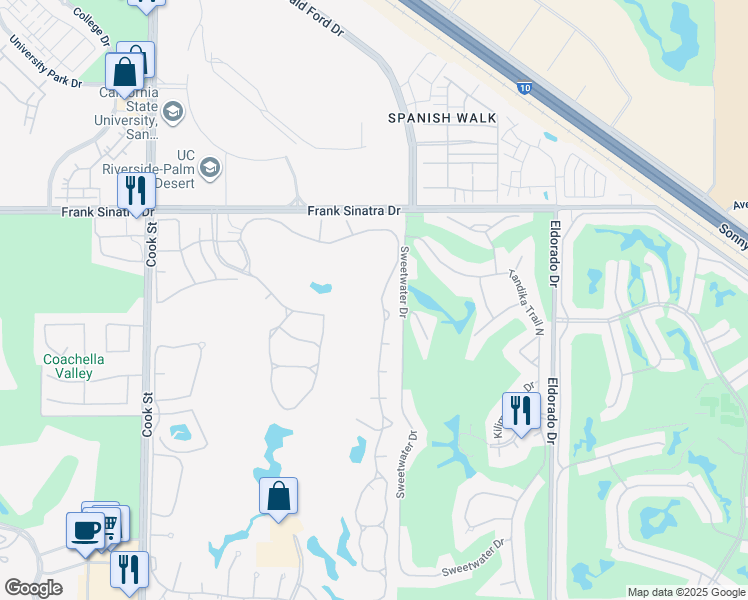 map of restaurants, bars, coffee shops, grocery stores, and more near 359 Desert Falls Drive East in Palm Desert
