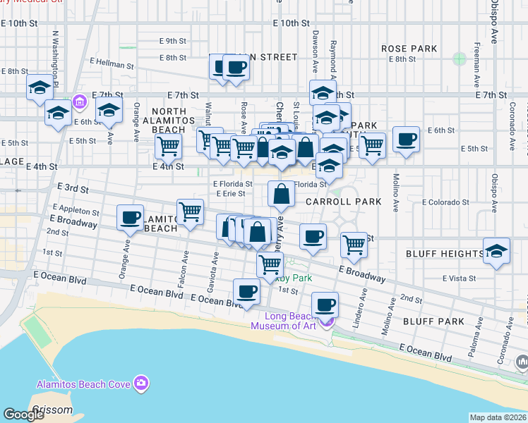 map of restaurants, bars, coffee shops, grocery stores, and more near 1825 East 3rd Street in Long Beach