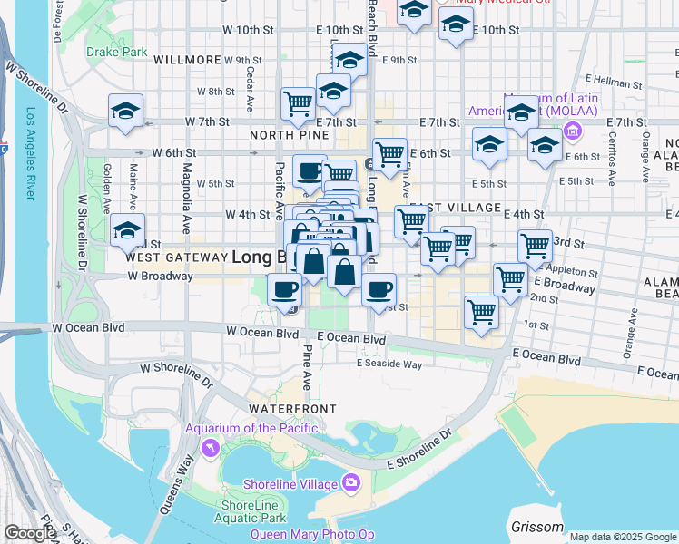 map of restaurants, bars, coffee shops, grocery stores, and more near in Long Beach