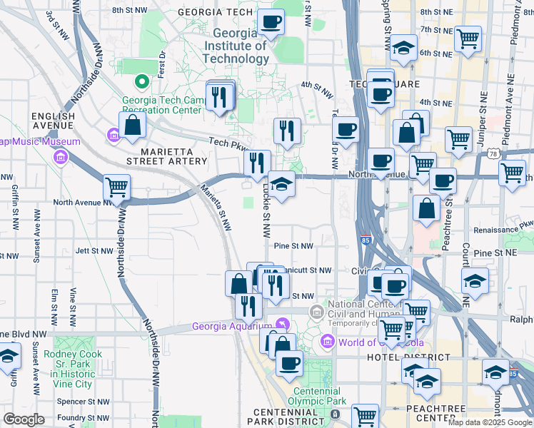 map of restaurants, bars, coffee shops, grocery stores, and more near 523 Luckie Street Northwest in Atlanta