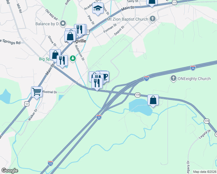 map of restaurants, bars, coffee shops, grocery stores, and more near 40 Purple Heart Boulevard in Springville
