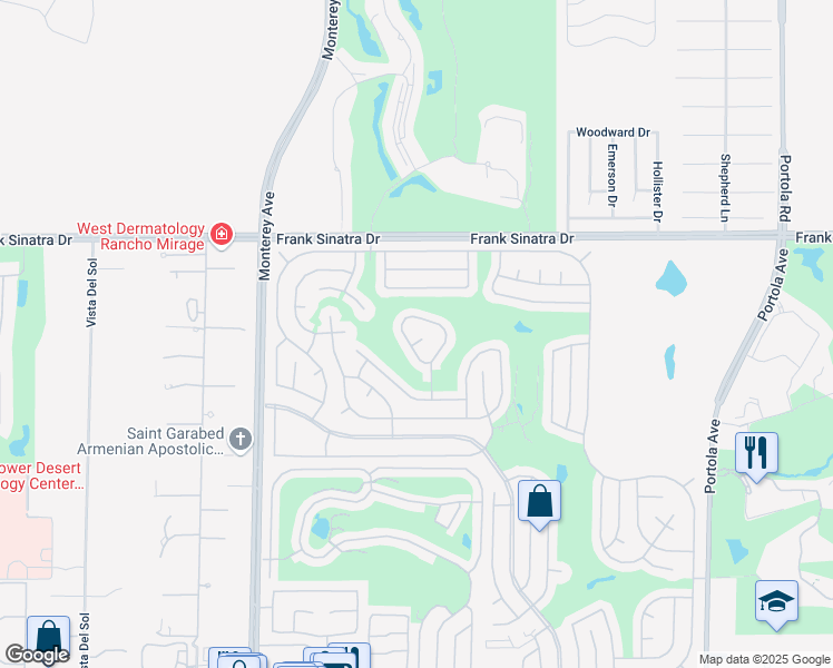 map of restaurants, bars, coffee shops, grocery stores, and more near 73342 Linda Circle in Palm Desert