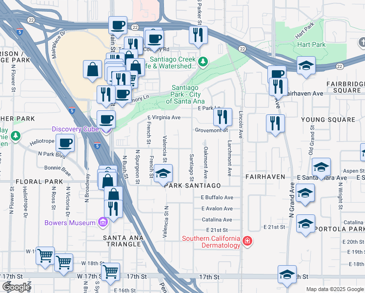 map of restaurants, bars, coffee shops, grocery stores, and more near 2503 Poinsettia Street North in Santa Ana
