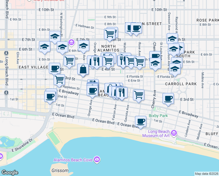 map of restaurants, bars, coffee shops, grocery stores, and more near 1322 East 3rd Street in Long Beach