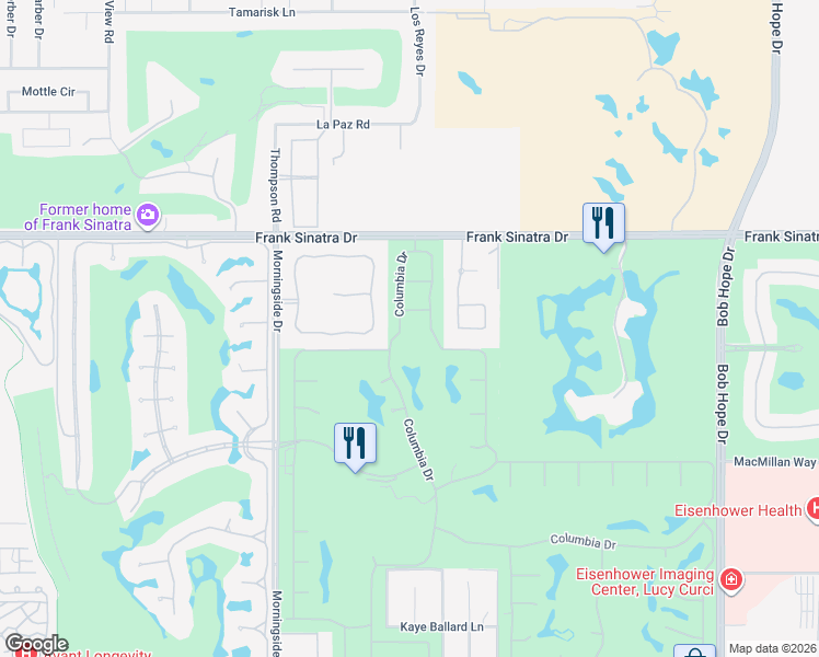 map of restaurants, bars, coffee shops, grocery stores, and more near 125 Columbia Drive in Rancho Mirage