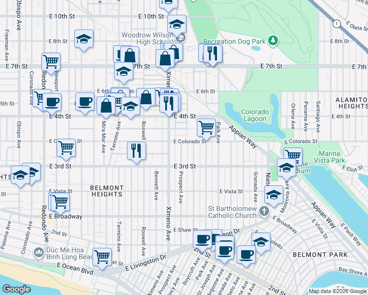 map of restaurants, bars, coffee shops, grocery stores, and more near 338 Prospect Avenue in Long Beach