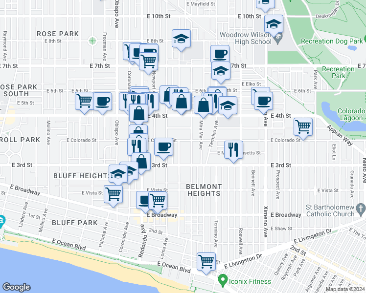 map of restaurants, bars, coffee shops, grocery stores, and more near 336 Euclid Ave in Long Beach