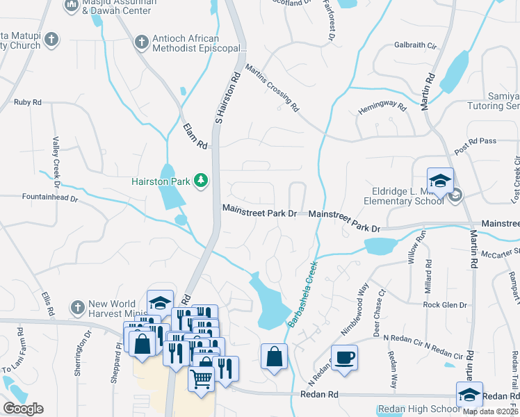 map of restaurants, bars, coffee shops, grocery stores, and more near 739 Arbor Hill Drive in Stone Mountain