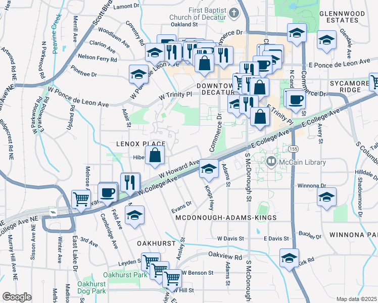 map of restaurants, bars, coffee shops, grocery stores, and more near 243 Greenwood Circle in Decatur