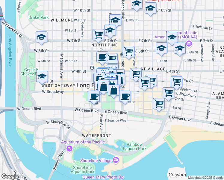 map of restaurants, bars, coffee shops, grocery stores, and more near 207 East Broadway in Long Beach