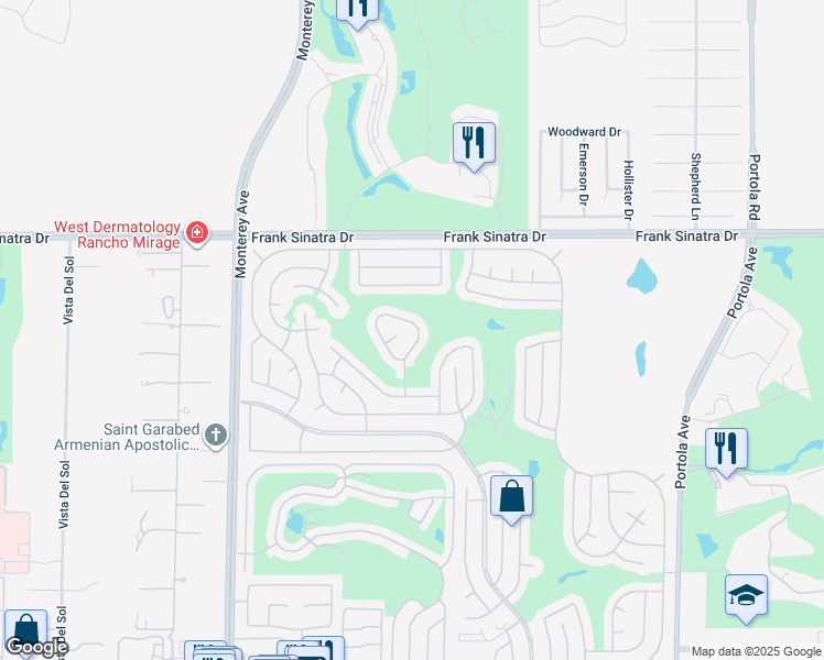 map of restaurants, bars, coffee shops, grocery stores, and more near 38381 Poppet Canyon Drive in Palm Desert
