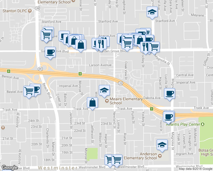 map of restaurants, bars, coffee shops, grocery stores, and more near 13273 Woodbrook Circle in Garden Grove