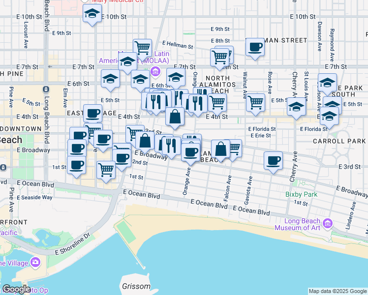 map of restaurants, bars, coffee shops, grocery stores, and more near 1135 East Appleton Street in Long Beach