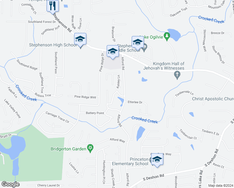 map of restaurants, bars, coffee shops, grocery stores, and more near 847 Ashley Lane in Stone Mountain