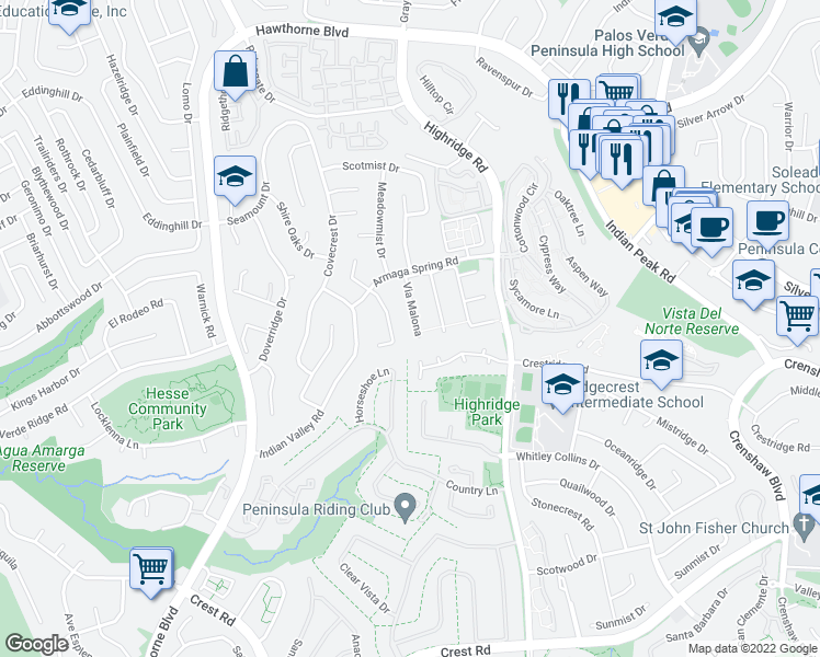 map of restaurants, bars, coffee shops, grocery stores, and more near 45 Via Malona in Rancho Palos Verdes