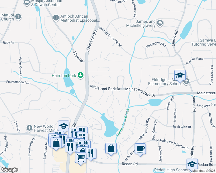 map of restaurants, bars, coffee shops, grocery stores, and more near 707 Arbor Hill Drive in Stone Mountain
