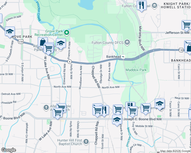 map of restaurants, bars, coffee shops, grocery stores, and more near 523 Chappell Road Northwest in Atlanta