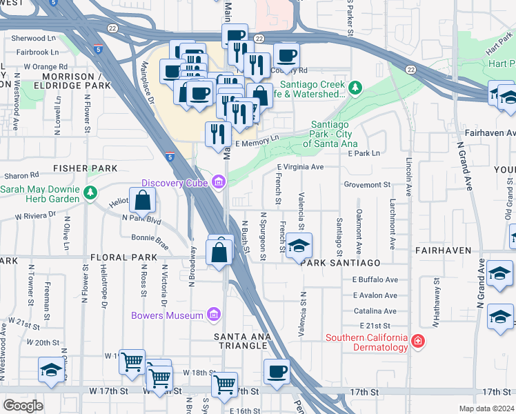 map of restaurants, bars, coffee shops, grocery stores, and more near 2502 North Spurgeon Street in Santa Ana
