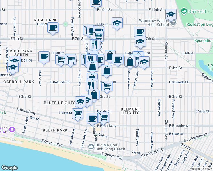 map of restaurants, bars, coffee shops, grocery stores, and more near 337 Loma Avenue in Long Beach