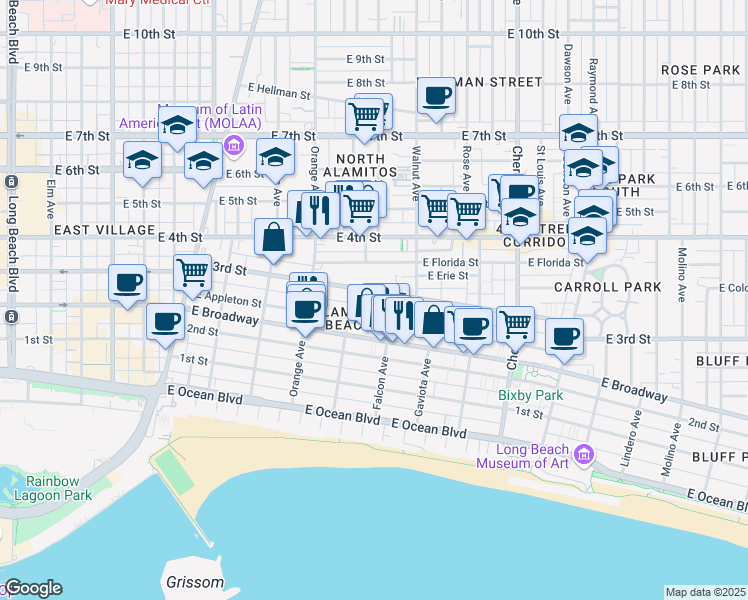 map of restaurants, bars, coffee shops, grocery stores, and more near in Long Beach