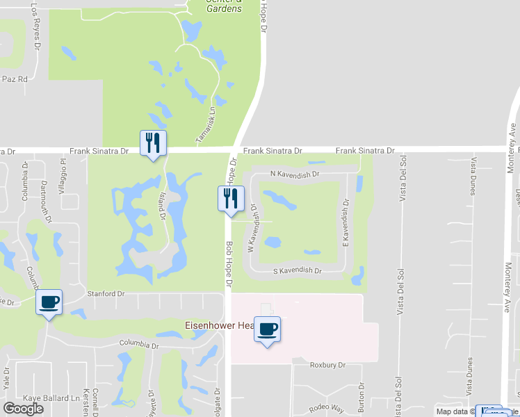map of restaurants, bars, coffee shops, grocery stores, and more near 8 North Kavenish Drive in Rancho Mirage