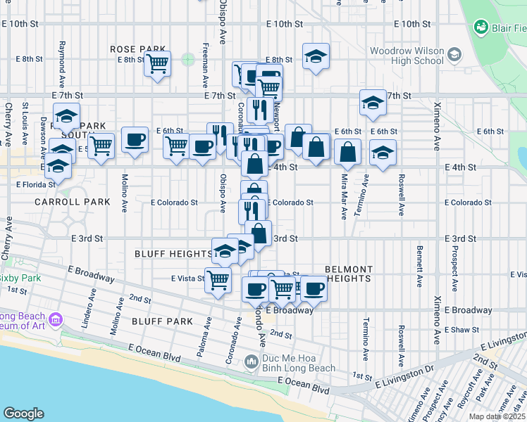 map of restaurants, bars, coffee shops, grocery stores, and more near 336 Redondo Avenue in Long Beach