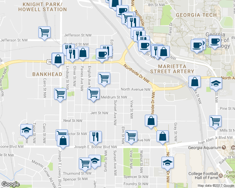 map of restaurants, bars, coffee shops, grocery stores, and more near 541 Sunset Ave NW in Atlanta
