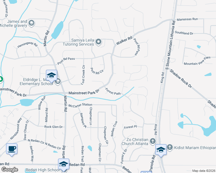 map of restaurants, bars, coffee shops, grocery stores, and more near 5338 Greenhedge Trail in Stone Mountain