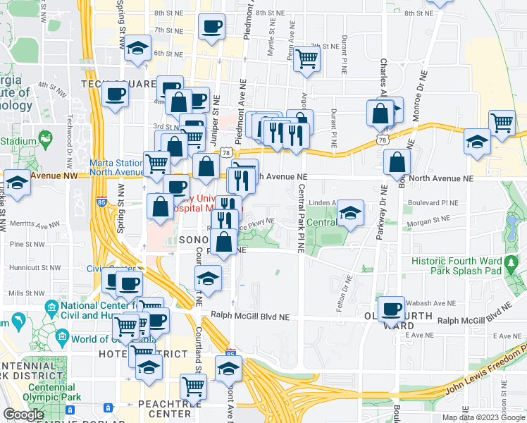 map of restaurants, bars, coffee shops, grocery stores, and more near in Atlanta