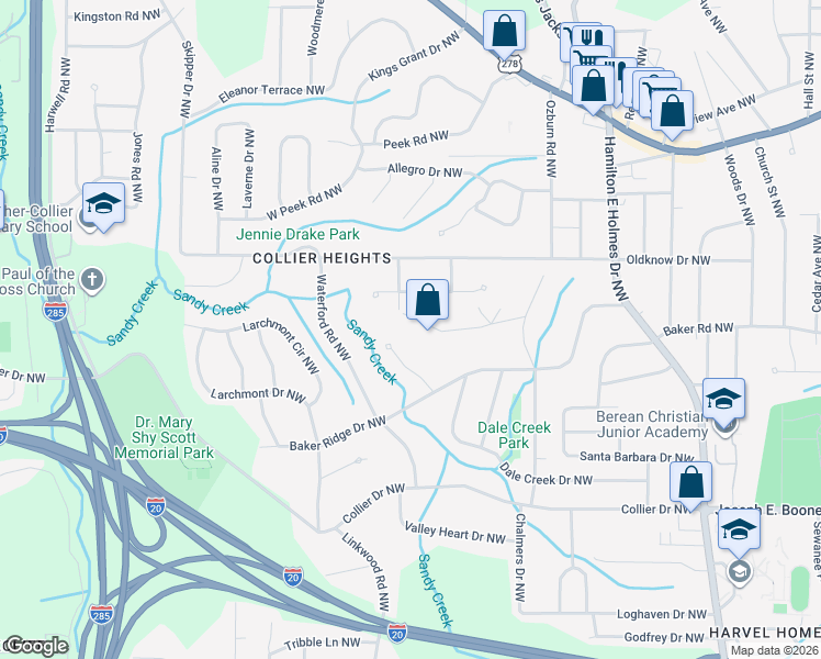 map of restaurants, bars, coffee shops, grocery stores, and more near 2856 Engle Road Northwest in Atlanta