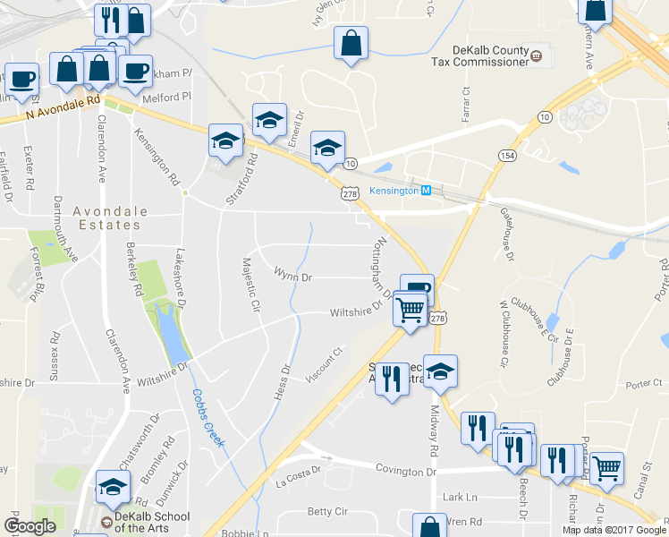 map of restaurants, bars, coffee shops, grocery stores, and more near 3262 Wynn Drive in Avondale Estates